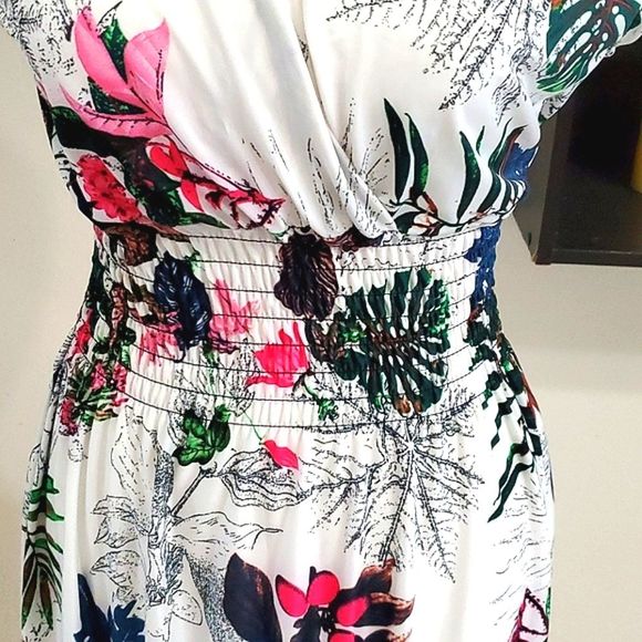 Retro 90s White Floral Tropical Beachy Surplice Flowy Jersey Mini Dress - Picture 3 of 6